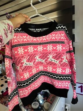 Pink Christmas sweater Fair Isle Reindeer Knit Sweater - Women
